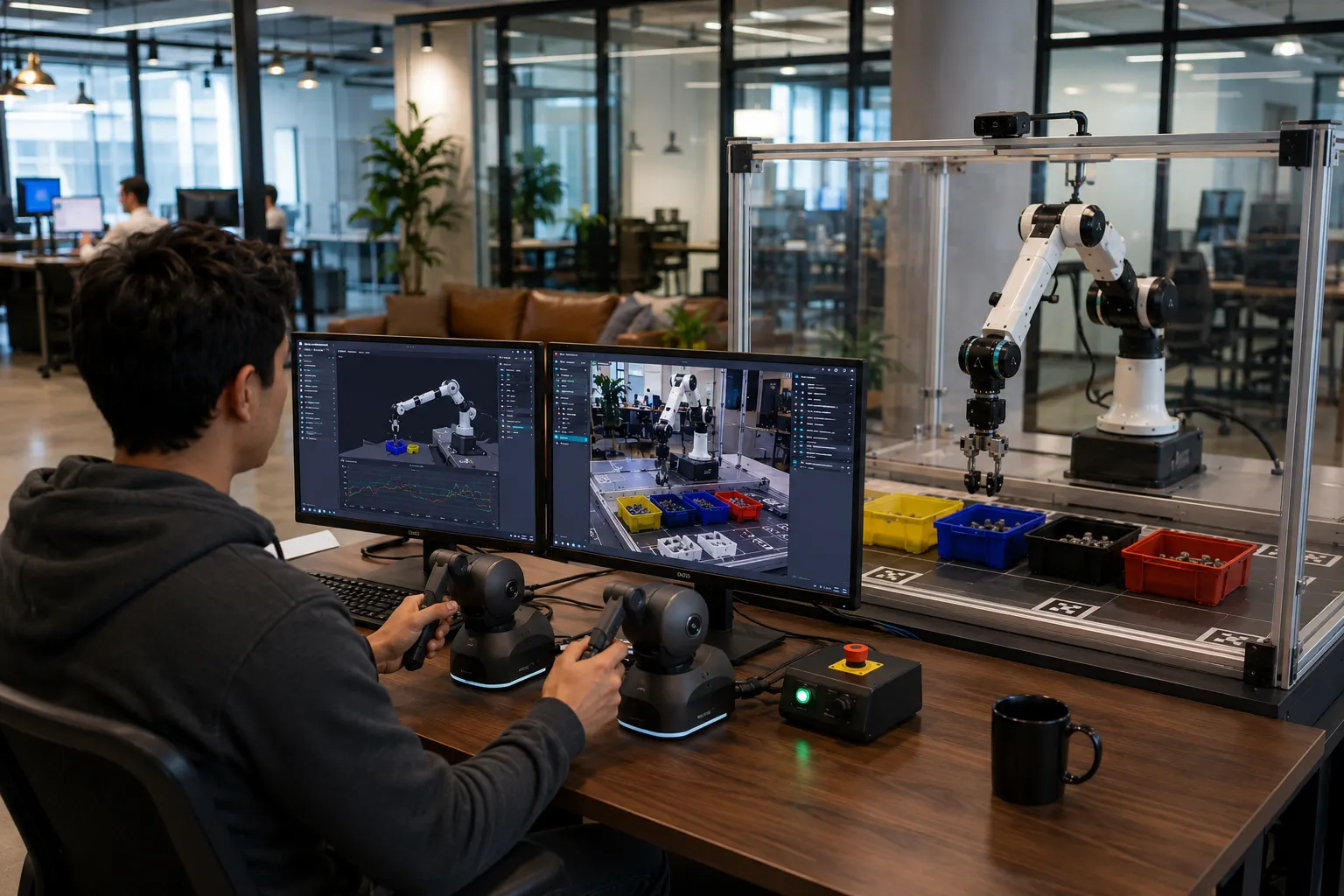 Illustration of a person teleoperating a robot arm from a workstation