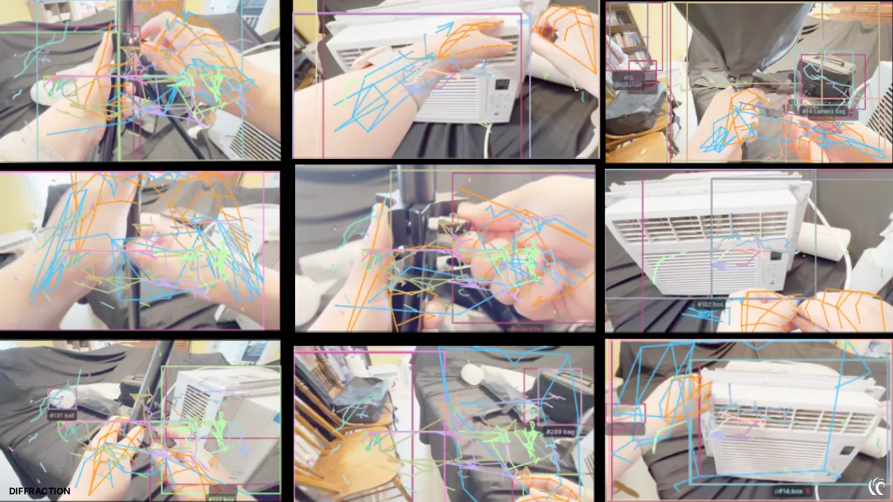 Grid of synchronized egocentric video frames with skeletal hand-pose and per-frame object-detection overlays during a real manipulation task