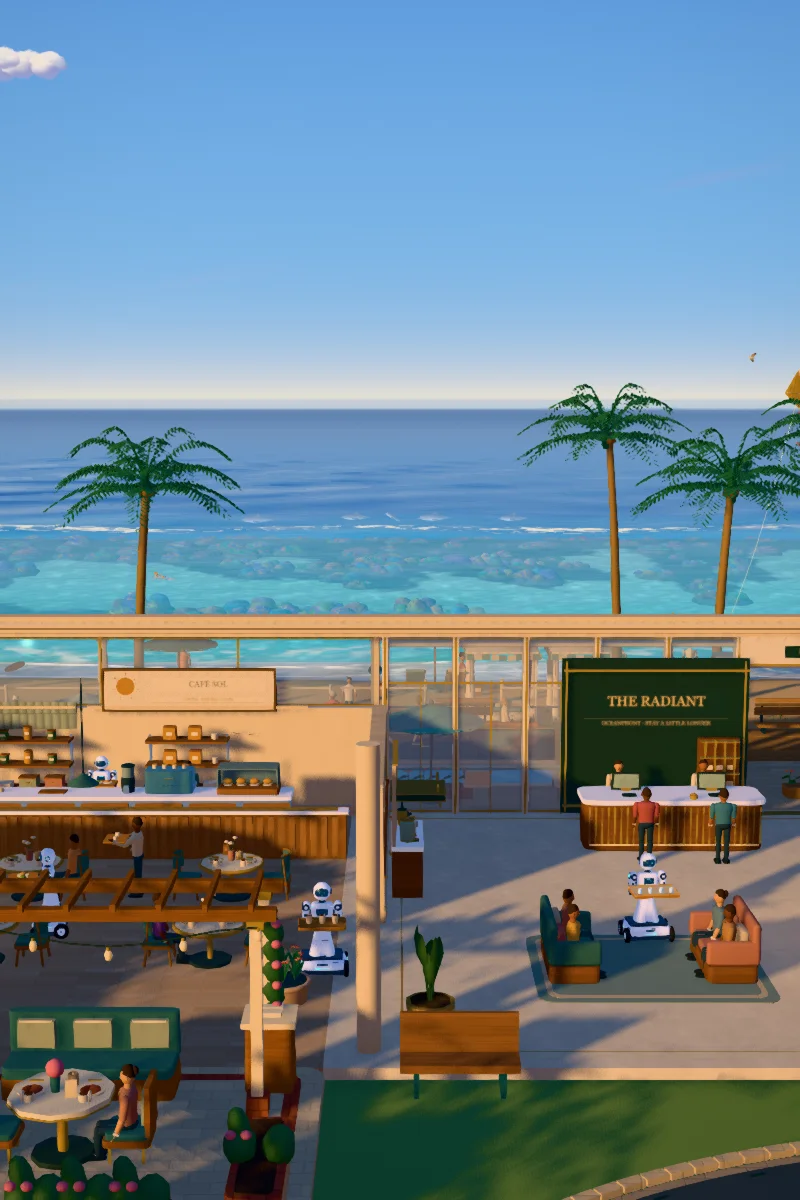 The Radiant hotel and café on Diffraction Island at golden hour, with guests, staff and a delivery robot