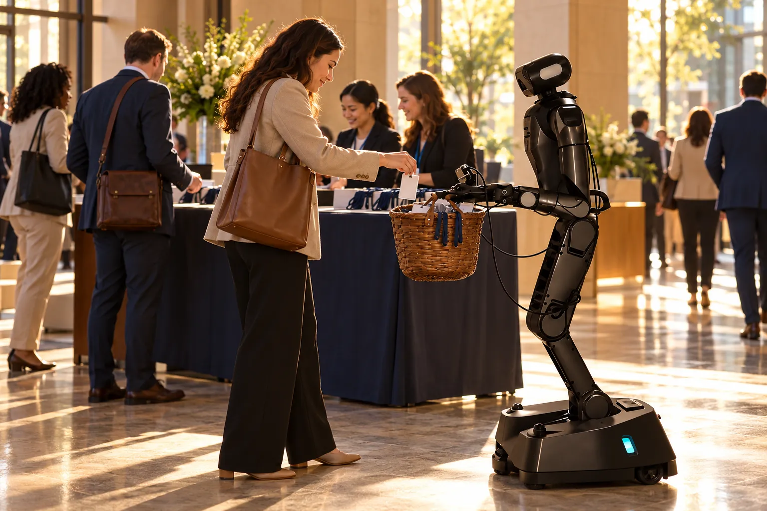 A wheeled humanoid robot holds a basket of name badges for arriving guests in a sunlit conference foyer