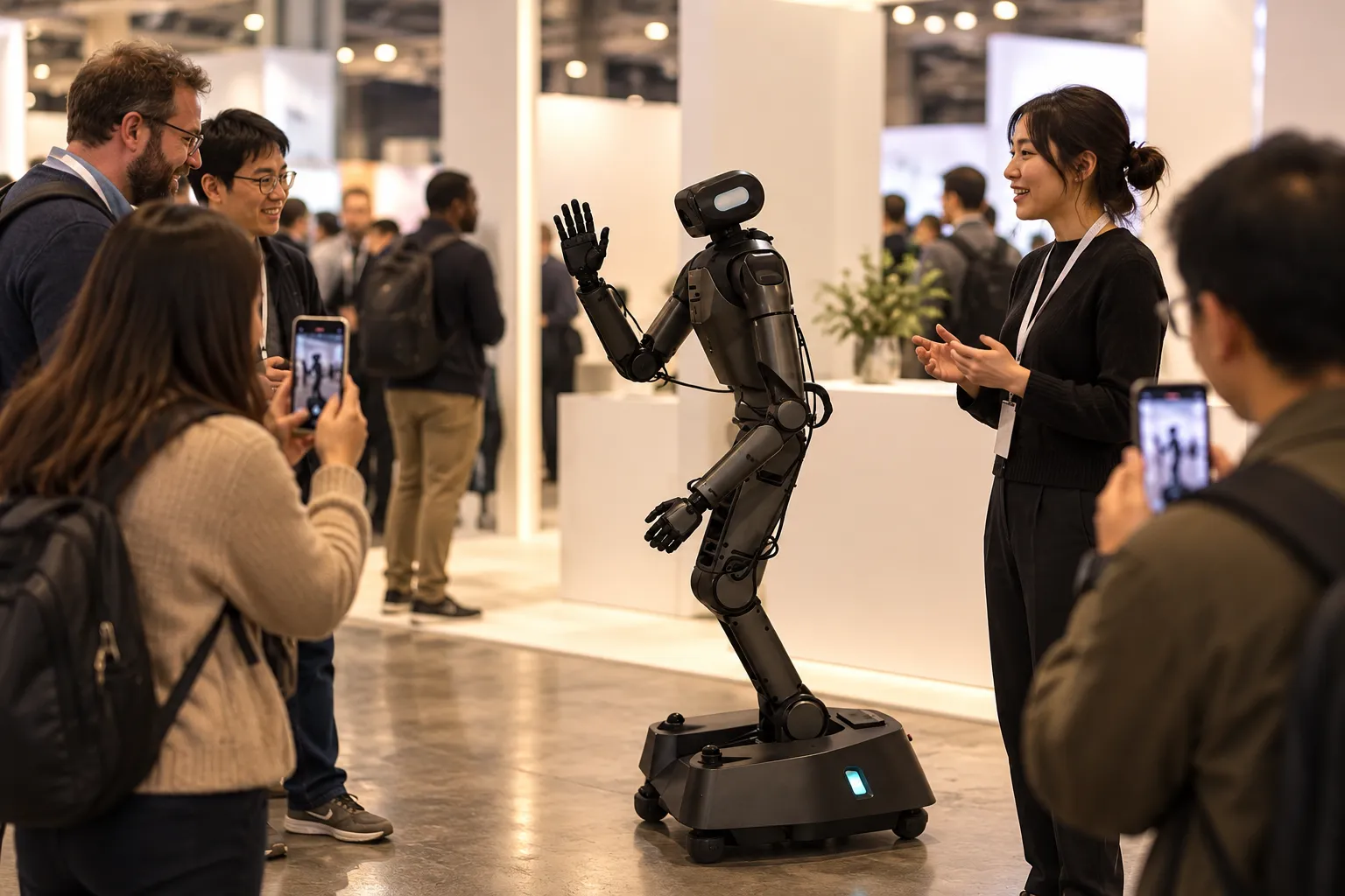 A wheeled humanoid robot waves to visitors taking photos with their phones at an expo stand