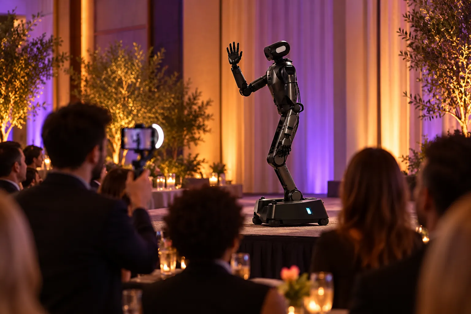 A wheeled humanoid robot waves from a stage at an evening launch while a guest films it on a phone
