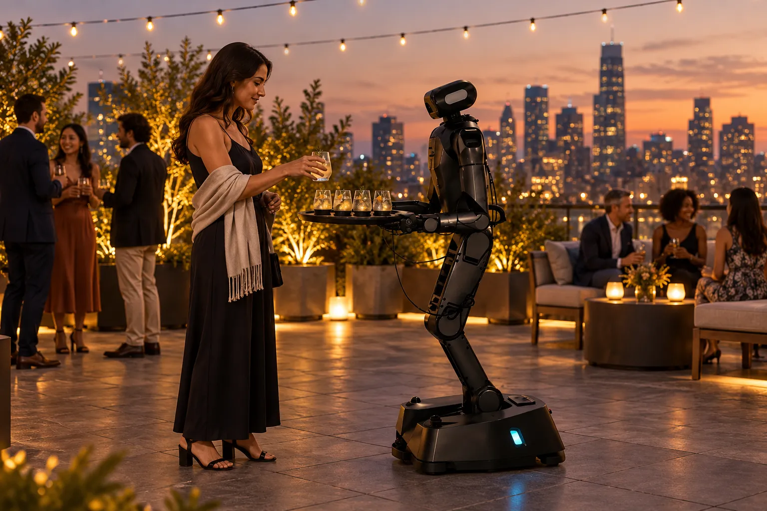A wheeled humanoid robot holds a tray of drinks in cup holders for guests at a rooftop reception at dusk