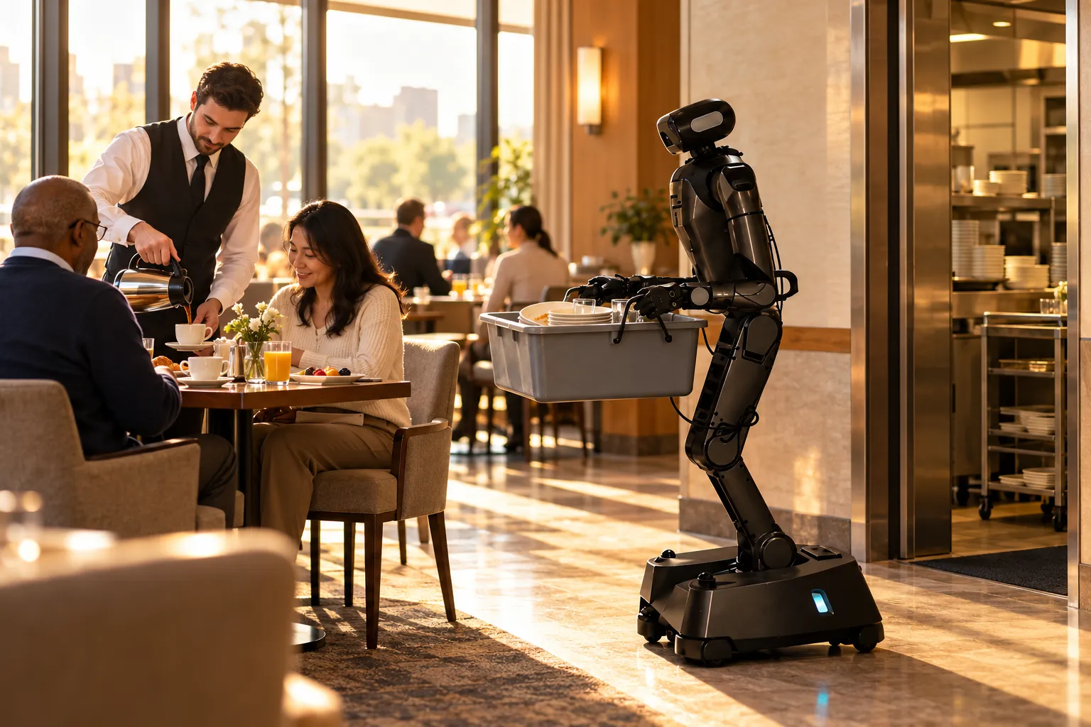 A wheeled humanoid robot carries a bus tub of cleared dishes toward the kitchen while a waiter pours coffee for guests at a window table