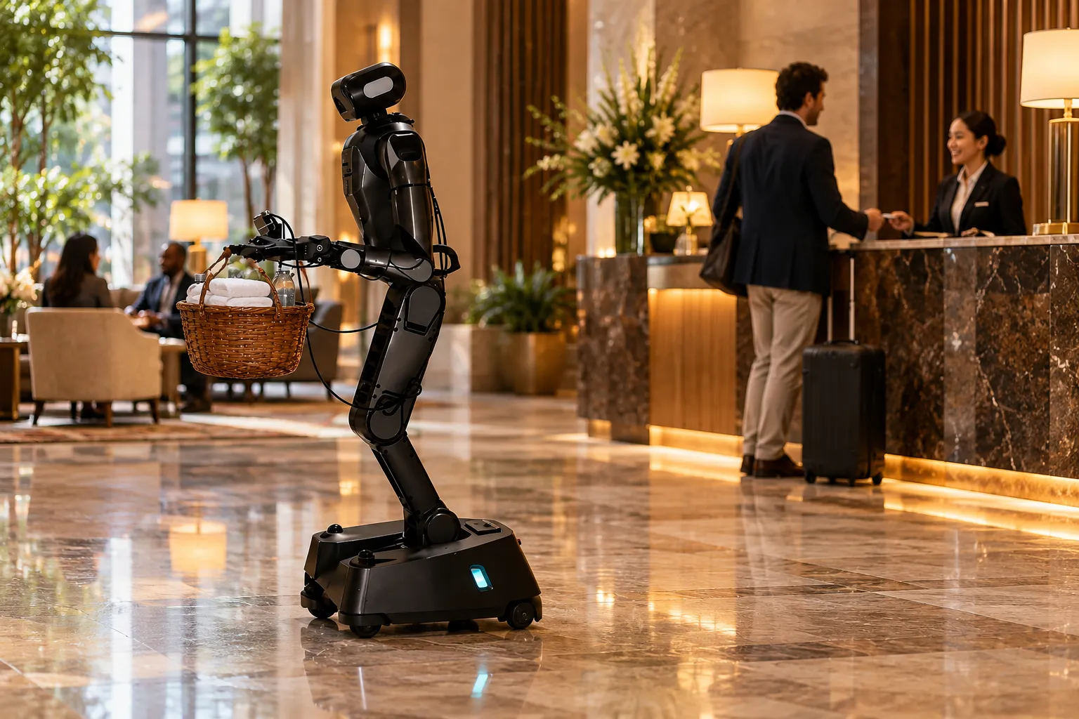 A wheeled humanoid robot carries a basket of towels and water across a sunlit hotel lobby while the receptionist welcomes a guest at the desk