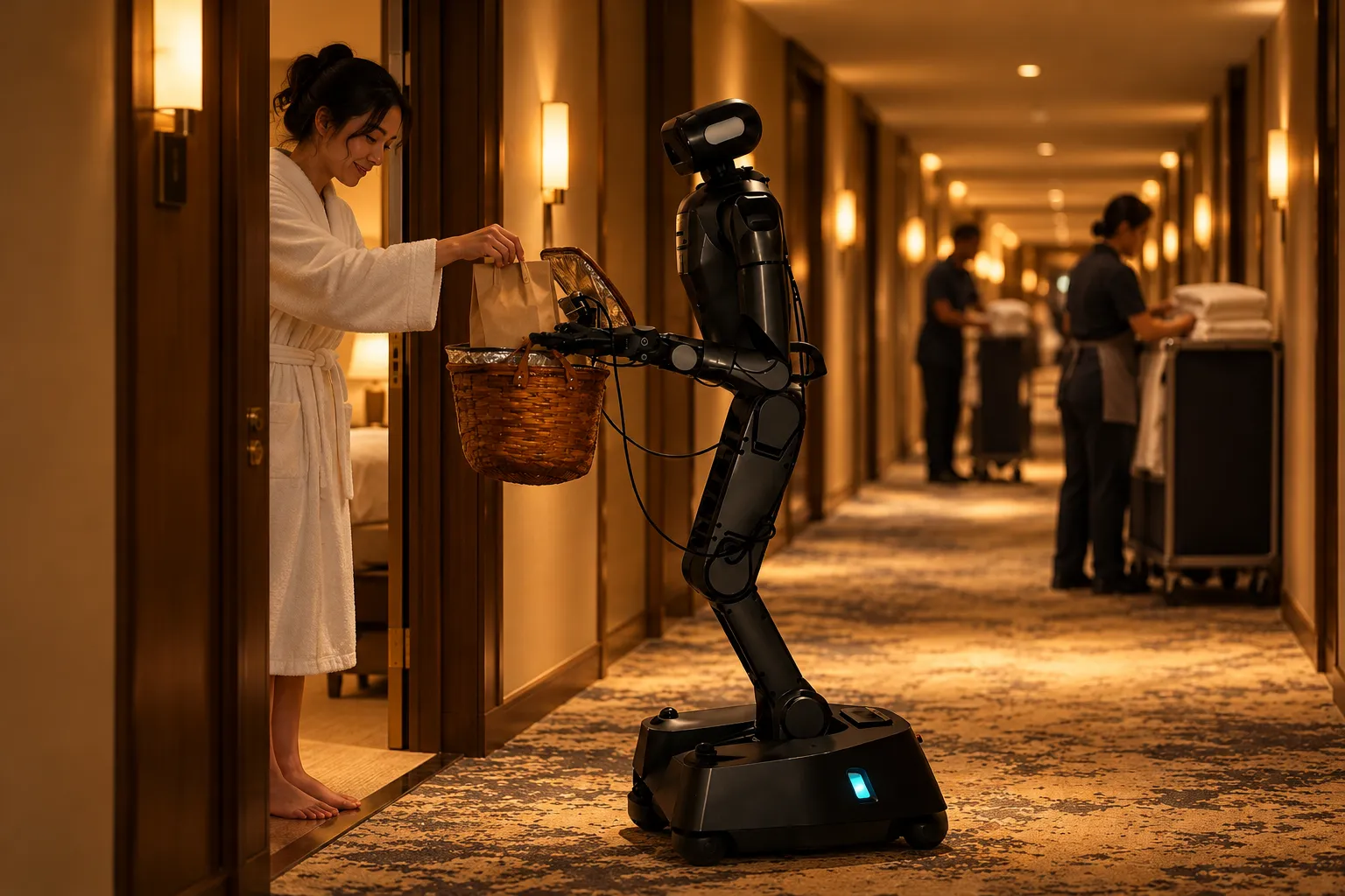 A wheeled humanoid robot holds out a basket at a guest’s door while she lifts out her order; housekeeping works further down the hotel corridor
