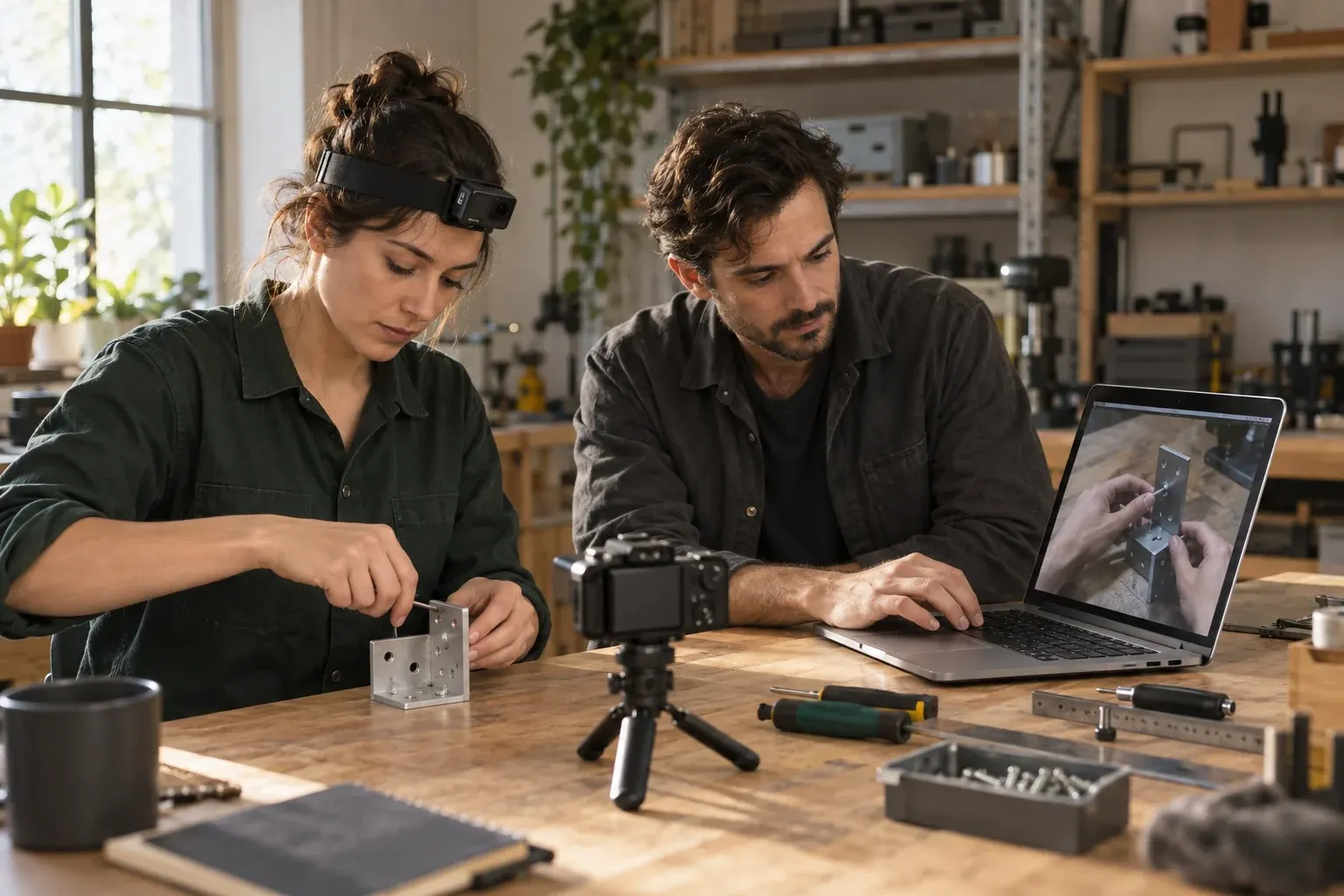 Two people at a workbench reviewing a task on a laptop