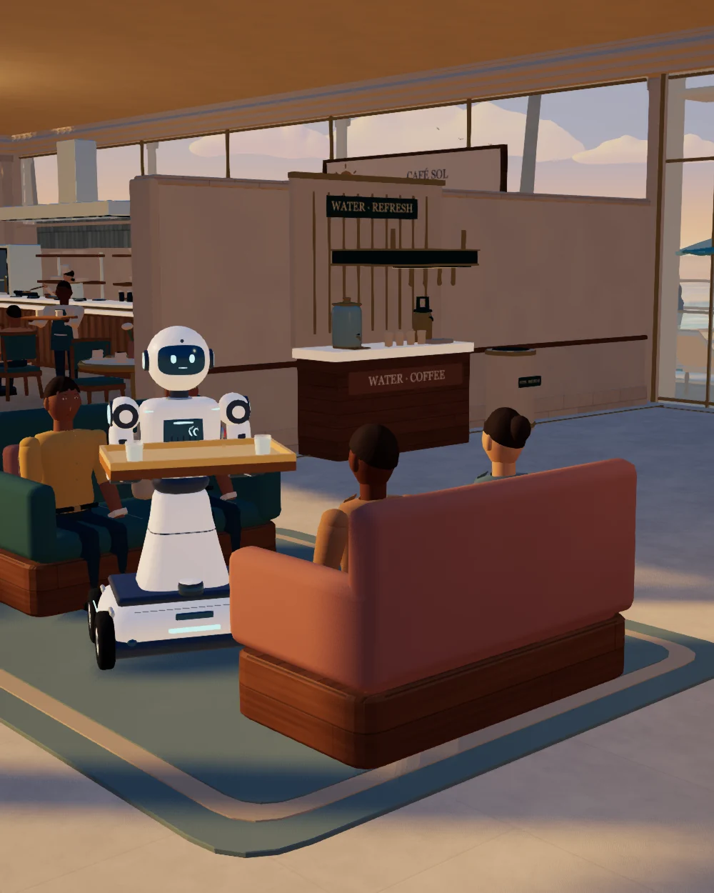 A wheeled service robot brings water to guests in a hotel lobby lounge